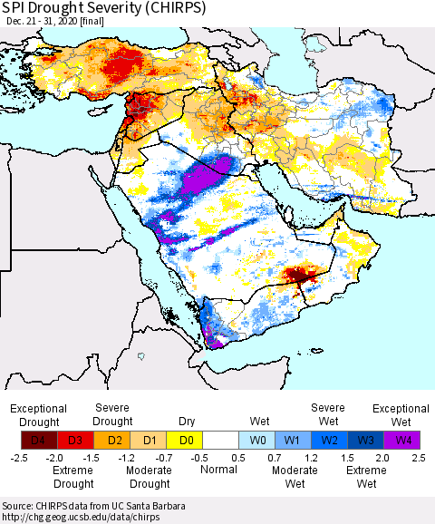 Middle East and Turkey SPI Drought Severity (CHIRPS) Thematic Map For 12/21/2020 - 12/31/2020