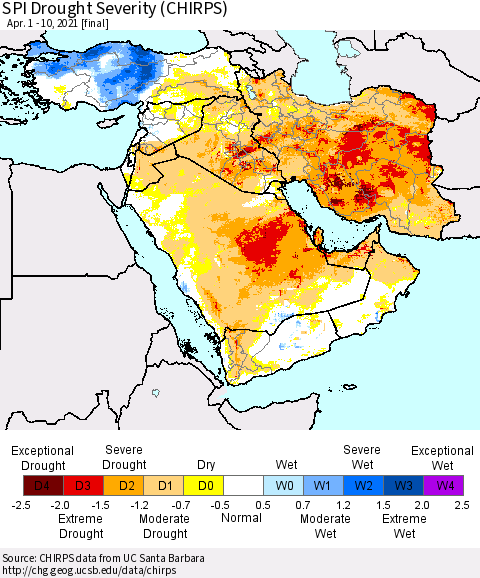 Middle East and Turkey SPI Drought Severity (CHIRPS) Thematic Map For 4/1/2021 - 4/10/2021