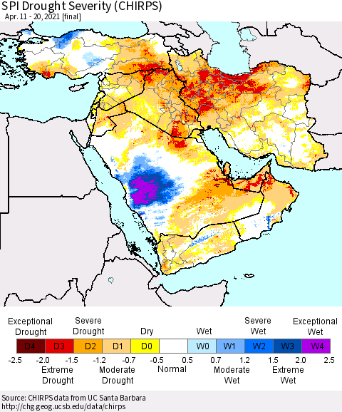 Middle East and Turkey SPI Drought Severity (CHIRPS) Thematic Map For 4/11/2021 - 4/20/2021