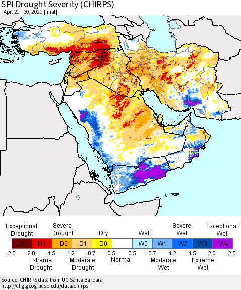 Middle East and Turkey SPI Drought Severity (CHIRPS) Thematic Map For 4/21/2021 - 4/30/2021