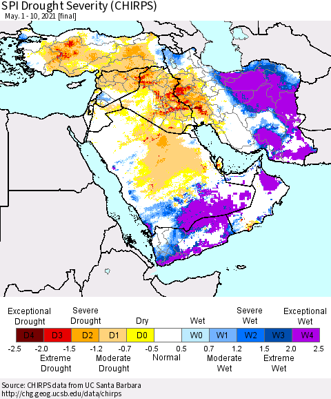 Middle East and Turkey SPI Drought Severity (CHIRPS) Thematic Map For 5/1/2021 - 5/10/2021