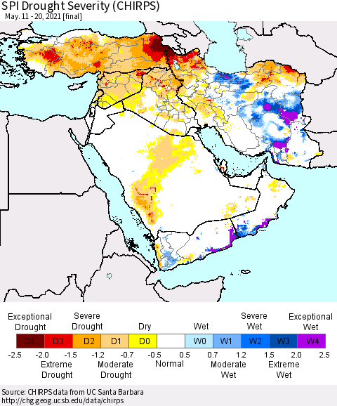 Middle East and Turkey SPI Drought Severity (CHIRPS) Thematic Map For 5/11/2021 - 5/20/2021