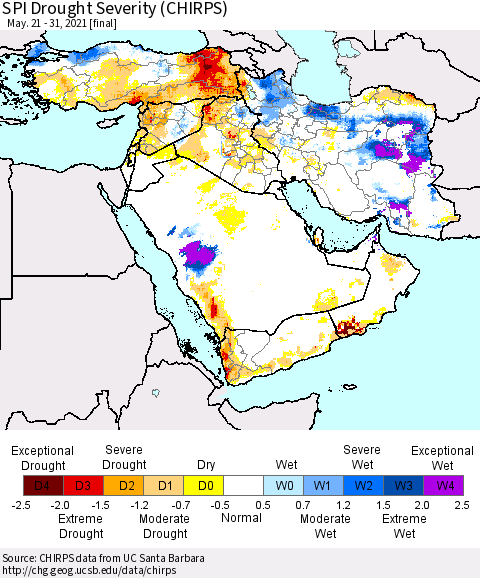 Middle East and Turkey SPI Drought Severity (CHIRPS) Thematic Map For 5/21/2021 - 5/31/2021