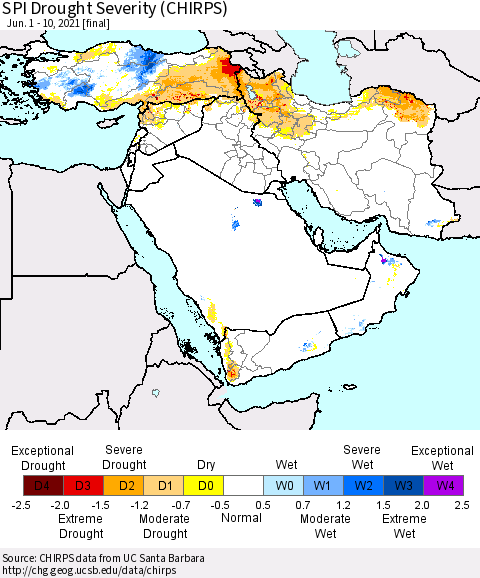 Middle East and Turkey SPI Drought Severity (CHIRPS) Thematic Map For 6/1/2021 - 6/10/2021