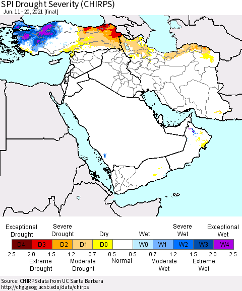 Middle East and Turkey SPI Drought Severity (CHIRPS) Thematic Map For 6/11/2021 - 6/20/2021