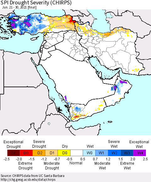 Middle East and Turkey SPI Drought Severity (CHIRPS) Thematic Map For 6/21/2021 - 6/30/2021