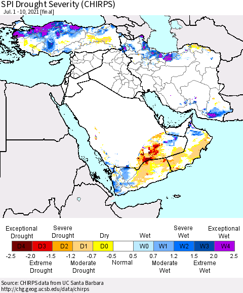 Middle East and Turkey SPI Drought Severity (CHIRPS) Thematic Map For 7/1/2021 - 7/10/2021