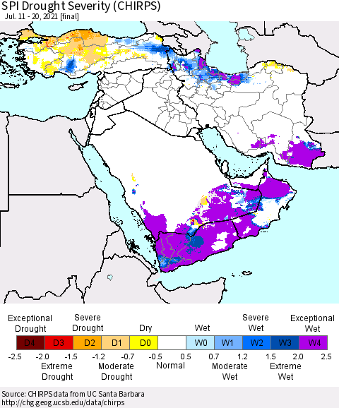 Middle East and Turkey SPI Drought Severity (CHIRPS) Thematic Map For 7/11/2021 - 7/20/2021