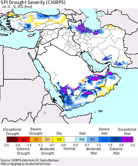 Middle East and Turkey SPI Drought Severity (CHIRPS) Thematic Map For 7/21/2021 - 7/31/2021