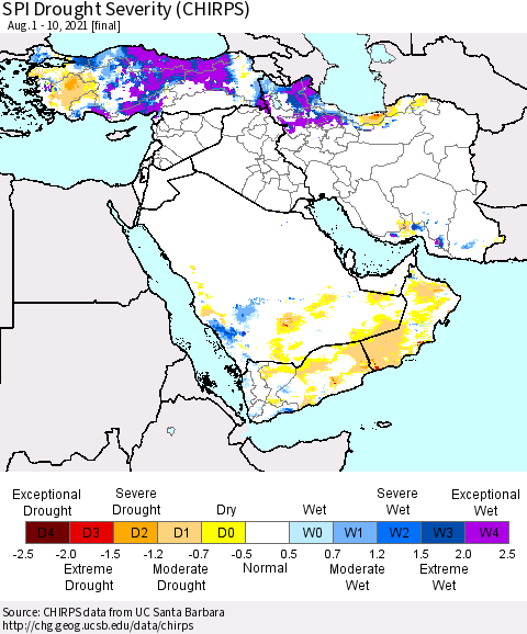 Middle East and Turkey SPI Drought Severity (CHIRPS) Thematic Map For 8/1/2021 - 8/10/2021