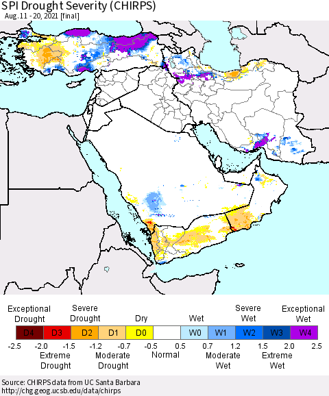 Middle East and Turkey SPI Drought Severity (CHIRPS) Thematic Map For 8/11/2021 - 8/20/2021