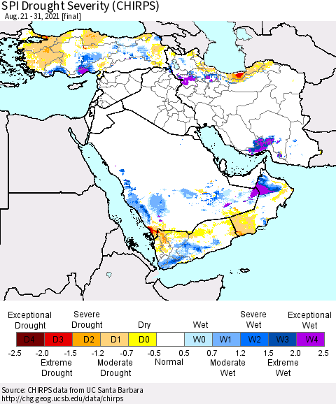Middle East and Turkey SPI Drought Severity (CHIRPS) Thematic Map For 8/21/2021 - 8/31/2021