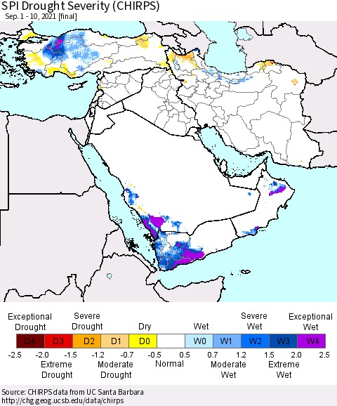 Middle East and Turkey SPI Drought Severity (CHIRPS) Thematic Map For 9/1/2021 - 9/10/2021