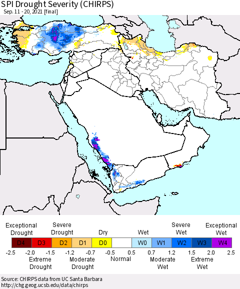 Middle East and Turkey SPI Drought Severity (CHIRPS) Thematic Map For 9/11/2021 - 9/20/2021