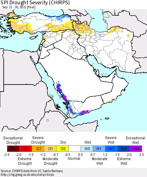 Middle East and Turkey SPI Drought Severity (CHIRPS) Thematic Map For 9/21/2021 - 9/30/2021