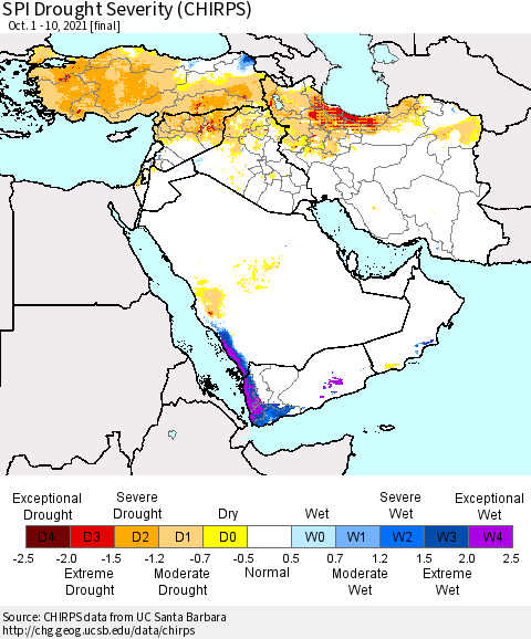 Middle East and Turkey SPI Drought Severity (CHIRPS) Thematic Map For 10/1/2021 - 10/10/2021