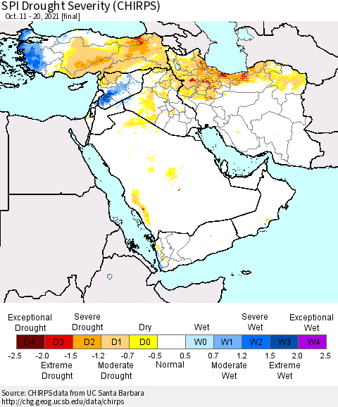 Middle East and Turkey SPI Drought Severity (CHIRPS) Thematic Map For 10/11/2021 - 10/20/2021