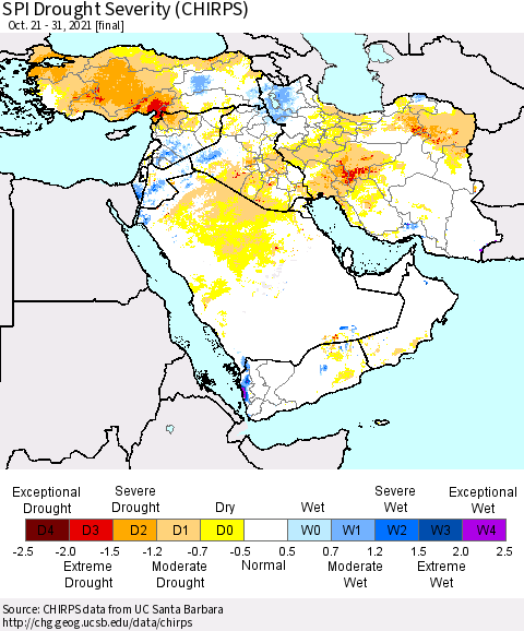 Middle East and Turkey SPI Drought Severity (CHIRPS) Thematic Map For 10/21/2021 - 10/31/2021