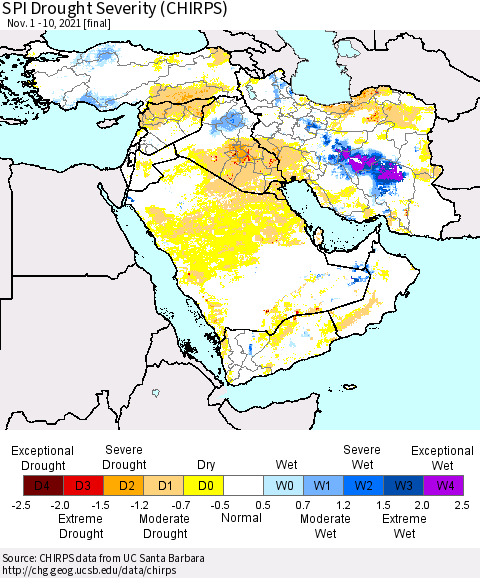 Middle East and Turkey SPI Drought Severity (CHIRPS) Thematic Map For 11/1/2021 - 11/10/2021