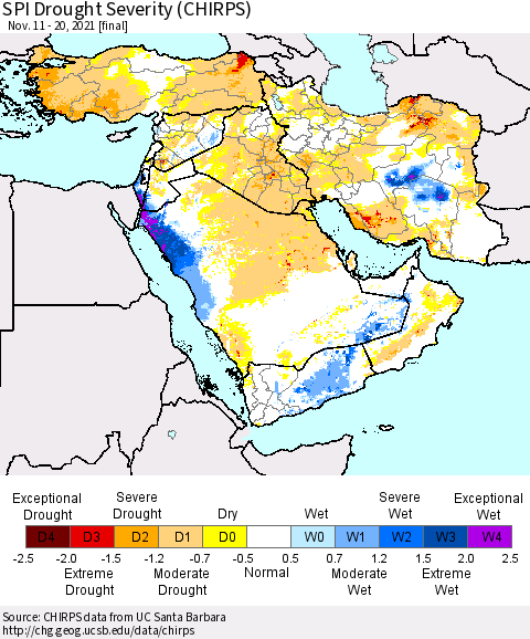Middle East and Turkey SPI Drought Severity (CHIRPS) Thematic Map For 11/11/2021 - 11/20/2021