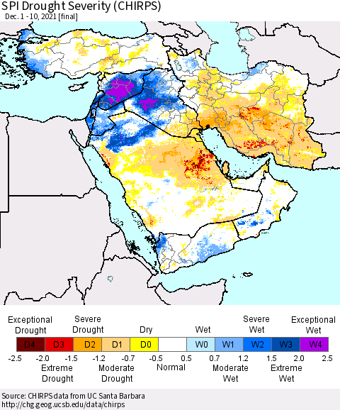 Middle East and Turkey SPI Drought Severity (CHIRPS) Thematic Map For 12/1/2021 - 12/10/2021