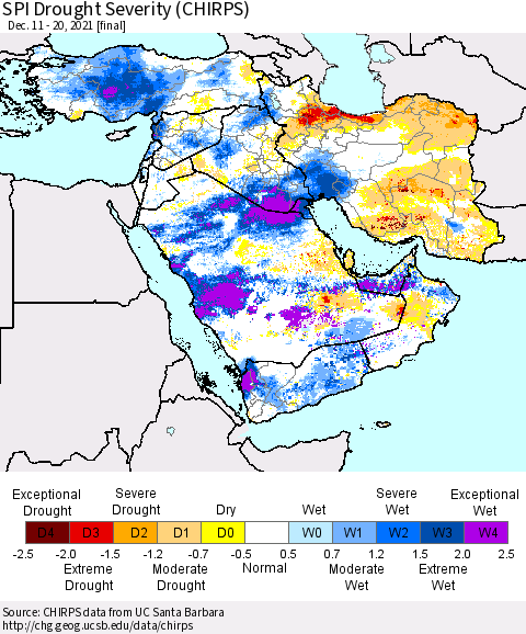 Middle East and Turkey SPI Drought Severity (CHIRPS) Thematic Map For 12/11/2021 - 12/20/2021