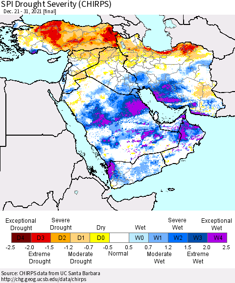 Middle East and Turkey SPI Drought Severity (CHIRPS) Thematic Map For 12/21/2021 - 12/31/2021