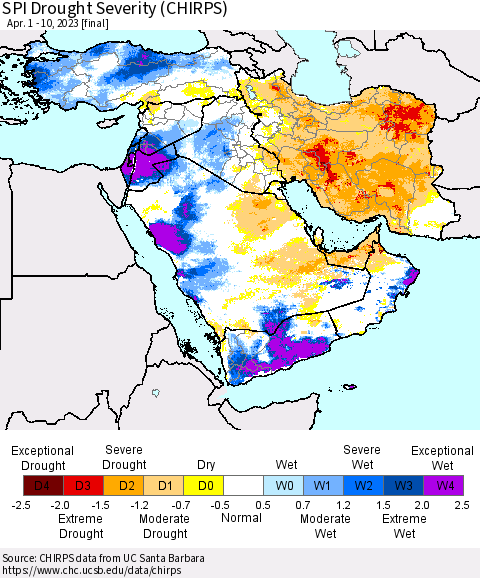 Middle East and Turkey SPI Drought Severity (CHIRPS) Thematic Map For 4/1/2023 - 4/10/2023