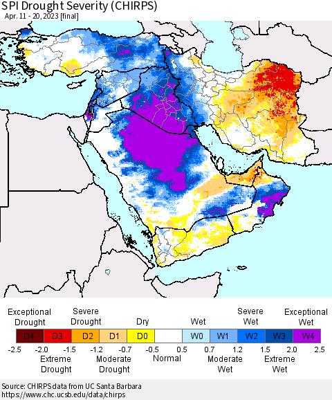 Middle East and Turkey SPI Drought Severity (CHIRPS) Thematic Map For 4/11/2023 - 4/20/2023