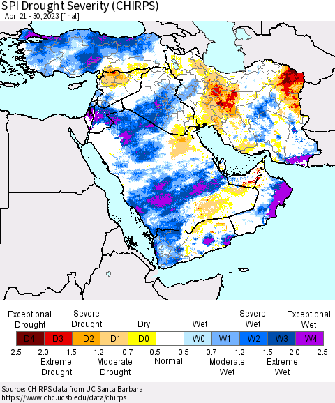 Middle East and Turkey SPI Drought Severity (CHIRPS) Thematic Map For 4/21/2023 - 4/30/2023
