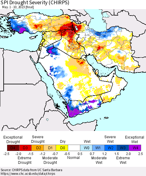Middle East and Turkey SPI Drought Severity (CHIRPS) Thematic Map For 5/1/2023 - 5/10/2023