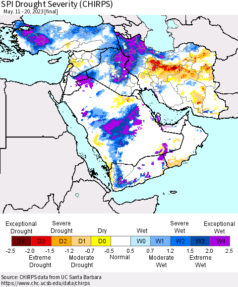Middle East and Turkey SPI Drought Severity (CHIRPS) Thematic Map For 5/11/2023 - 5/20/2023