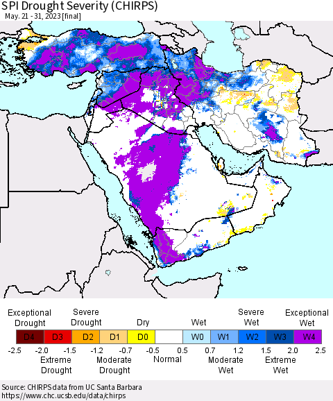 Middle East and Turkey SPI Drought Severity (CHIRPS) Thematic Map For 5/21/2023 - 5/31/2023