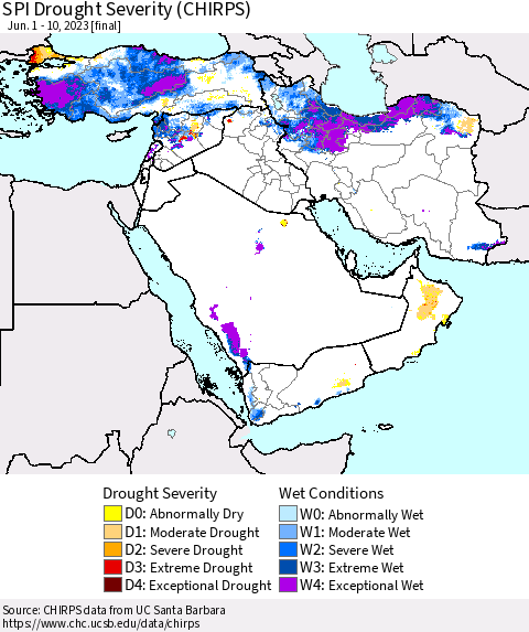 Middle East and Turkey SPI Drought Severity (CHIRPS) Thematic Map For 6/1/2023 - 6/10/2023