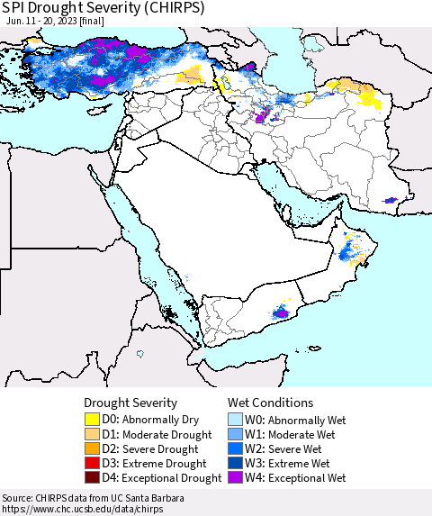 Middle East and Turkey SPI Drought Severity (CHIRPS) Thematic Map For 6/11/2023 - 6/20/2023