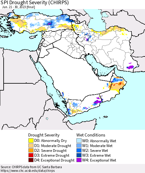 Middle East and Turkey SPI Drought Severity (CHIRPS) Thematic Map For 6/21/2023 - 6/30/2023