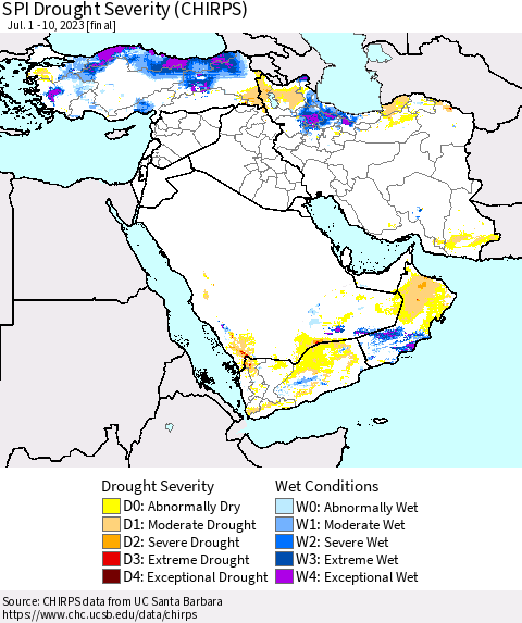 Middle East and Turkey SPI Drought Severity (CHIRPS) Thematic Map For 7/1/2023 - 7/10/2023