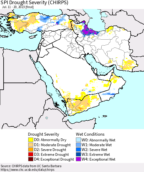 Middle East and Turkey SPI Drought Severity (CHIRPS) Thematic Map For 7/11/2023 - 7/20/2023