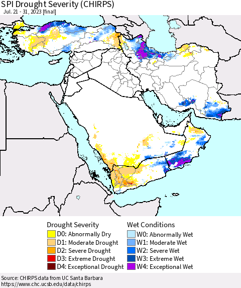 Middle East and Turkey SPI Drought Severity (CHIRPS) Thematic Map For 7/21/2023 - 7/31/2023