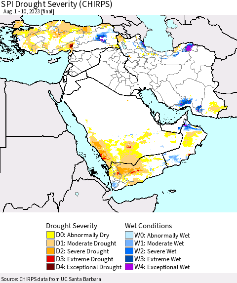 Middle East and Turkey SPI Drought Severity (CHIRPS) Thematic Map For 8/1/2023 - 8/10/2023
