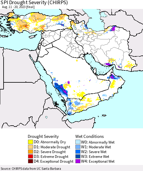 Middle East and Turkey SPI Drought Severity (CHIRPS) Thematic Map For 8/11/2023 - 8/20/2023