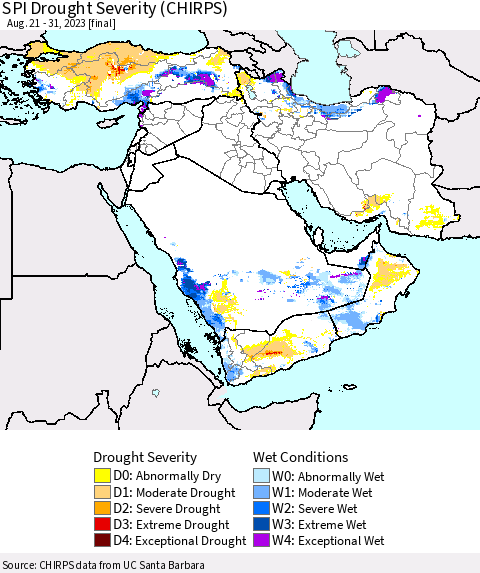 Middle East and Turkey SPI Drought Severity (CHIRPS) Thematic Map For 8/21/2023 - 8/31/2023