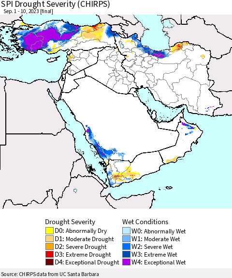 Middle East and Turkey SPI Drought Severity (CHIRPS) Thematic Map For 9/1/2023 - 9/10/2023