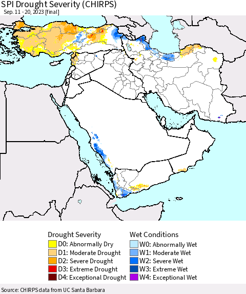 Middle East and Turkey SPI Drought Severity (CHIRPS) Thematic Map For 9/11/2023 - 9/20/2023