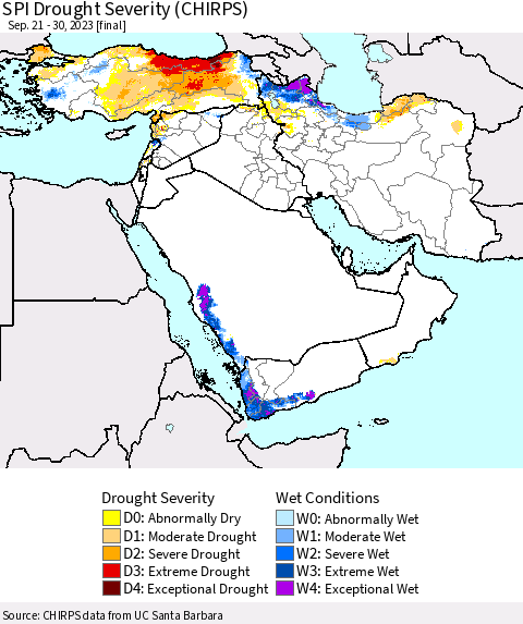 Middle East and Turkey SPI Drought Severity (CHIRPS) Thematic Map For 9/21/2023 - 9/30/2023