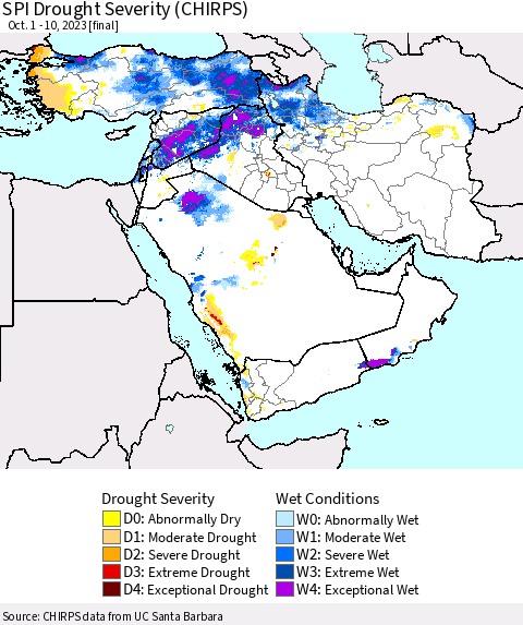 Middle East and Turkey SPI Drought Severity (CHIRPS) Thematic Map For 10/1/2023 - 10/10/2023