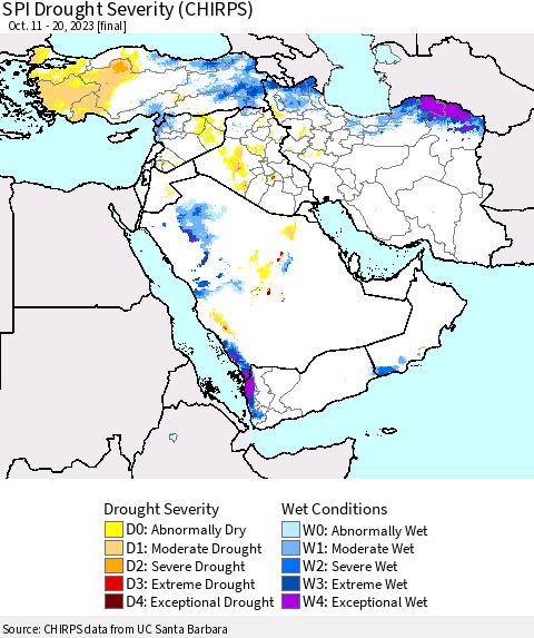 Middle East and Turkey SPI Drought Severity (CHIRPS) Thematic Map For 10/11/2023 - 10/20/2023