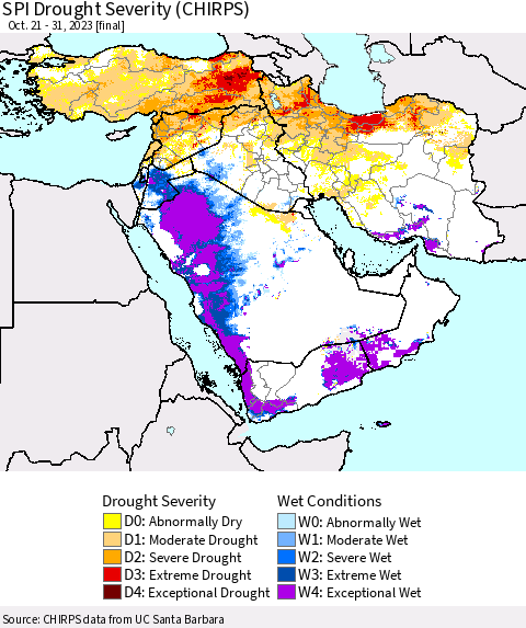 Middle East and Turkey SPI Drought Severity (CHIRPS) Thematic Map For 10/21/2023 - 10/31/2023