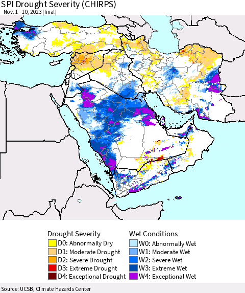 Middle East and Turkey SPI Drought Severity (CHIRPS) Thematic Map For 11/1/2023 - 11/10/2023