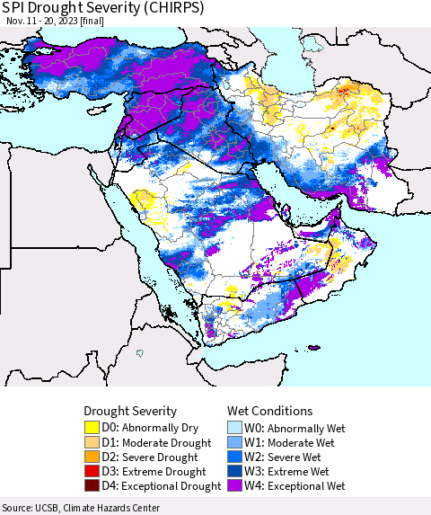 Middle East and Turkey SPI Drought Severity (CHIRPS) Thematic Map For 11/11/2023 - 11/20/2023